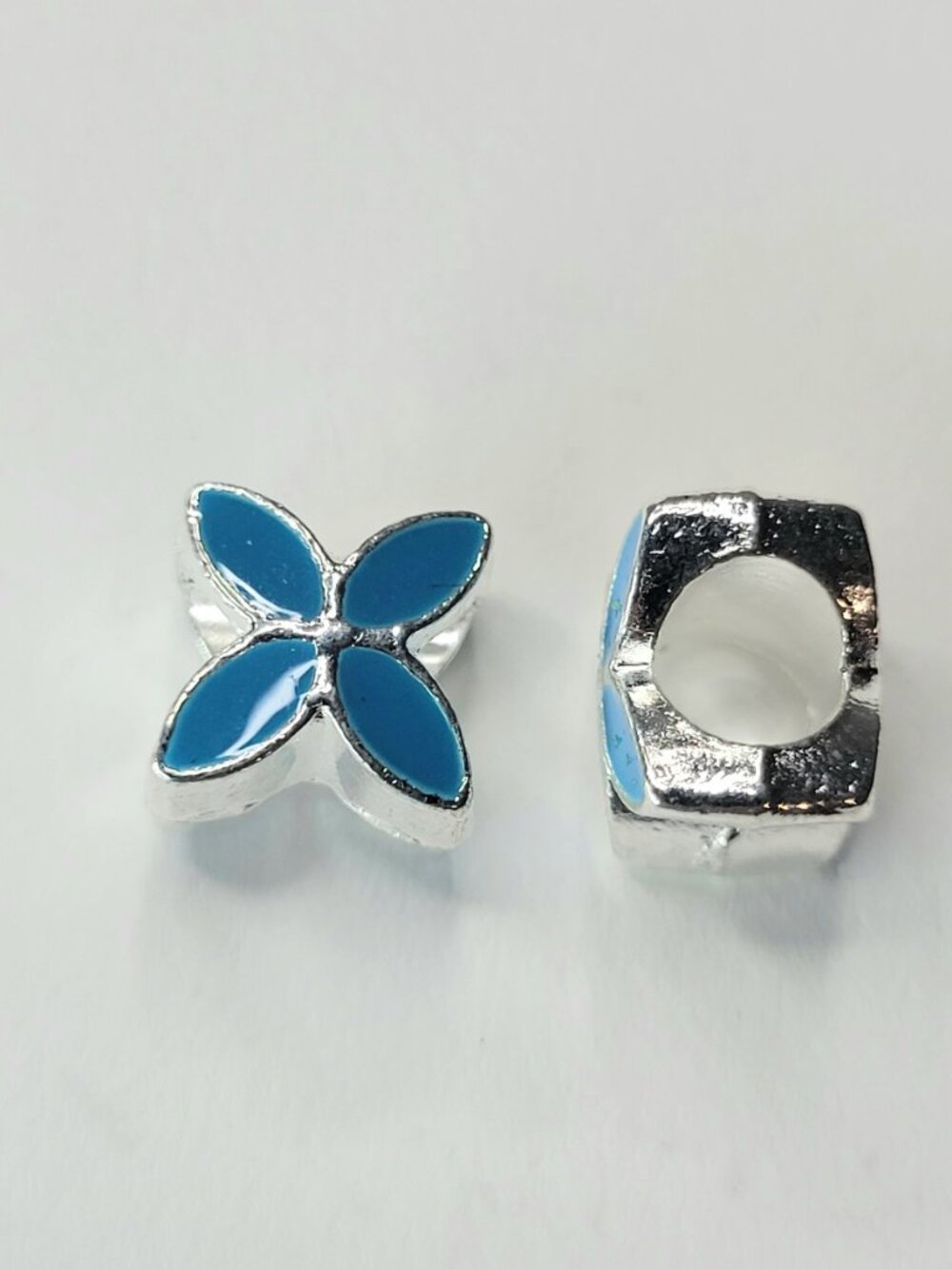 New! For Pandora Charm Bracelets TWO Bright Blue and Silver Color Leaf Flowers - Picture 3 of 4